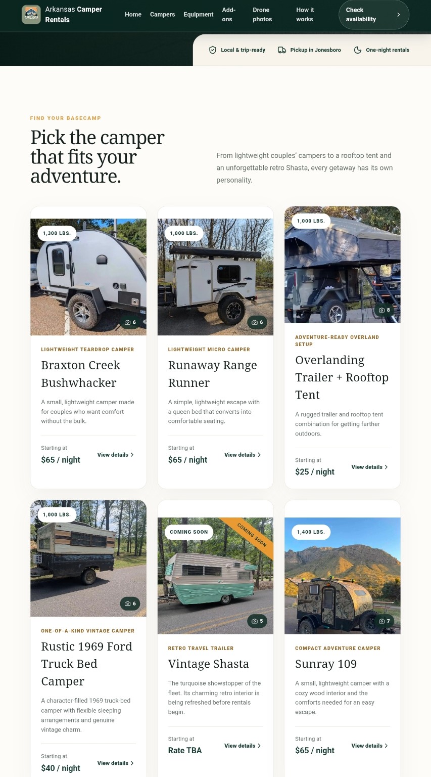 Arkansas Camper Rentals camper inventory on desktop