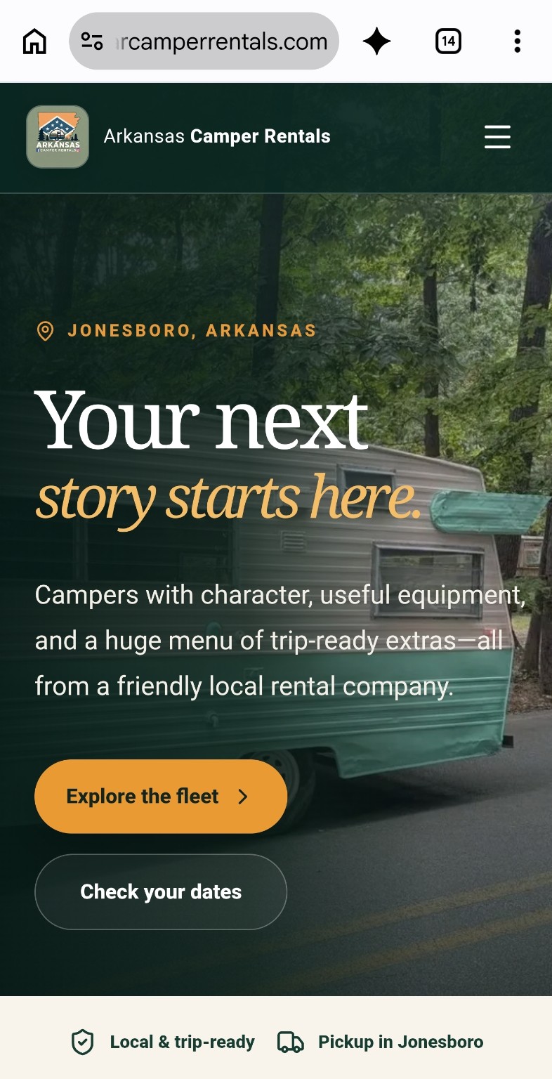 Arkansas Camper Rentals home page on a mobile phone
