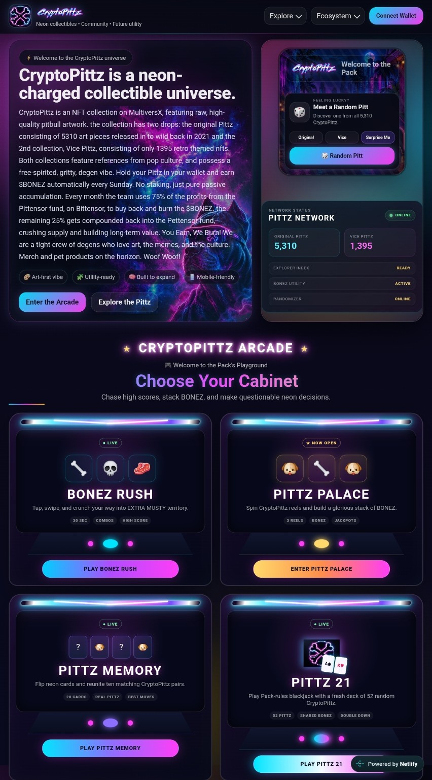 CryptoPittz homepage and four-game arcade