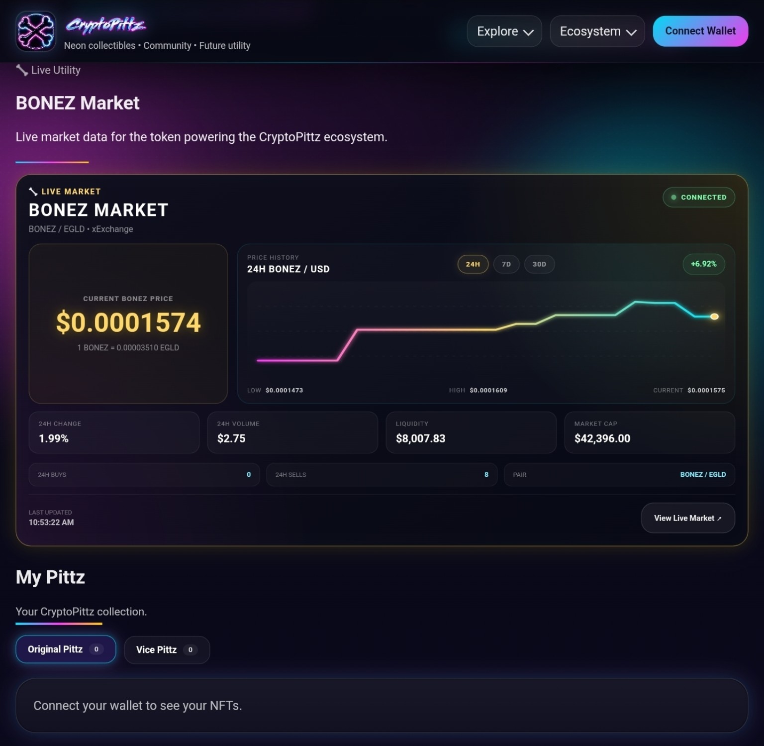 Live BONEZ market and connected wallet area
