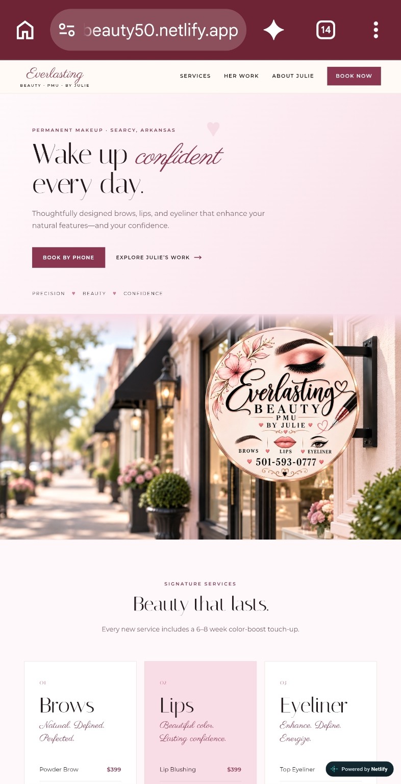 Everlasting Beauty mobile homepage and signature services